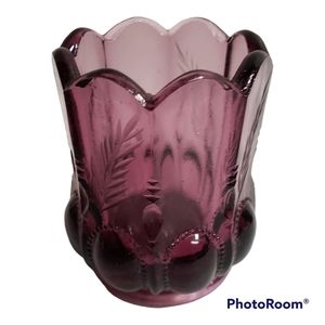 𝅺VINTAGE Boyd Art Glass Amythst Toothpick Holder Votive Tealight Holder Etched